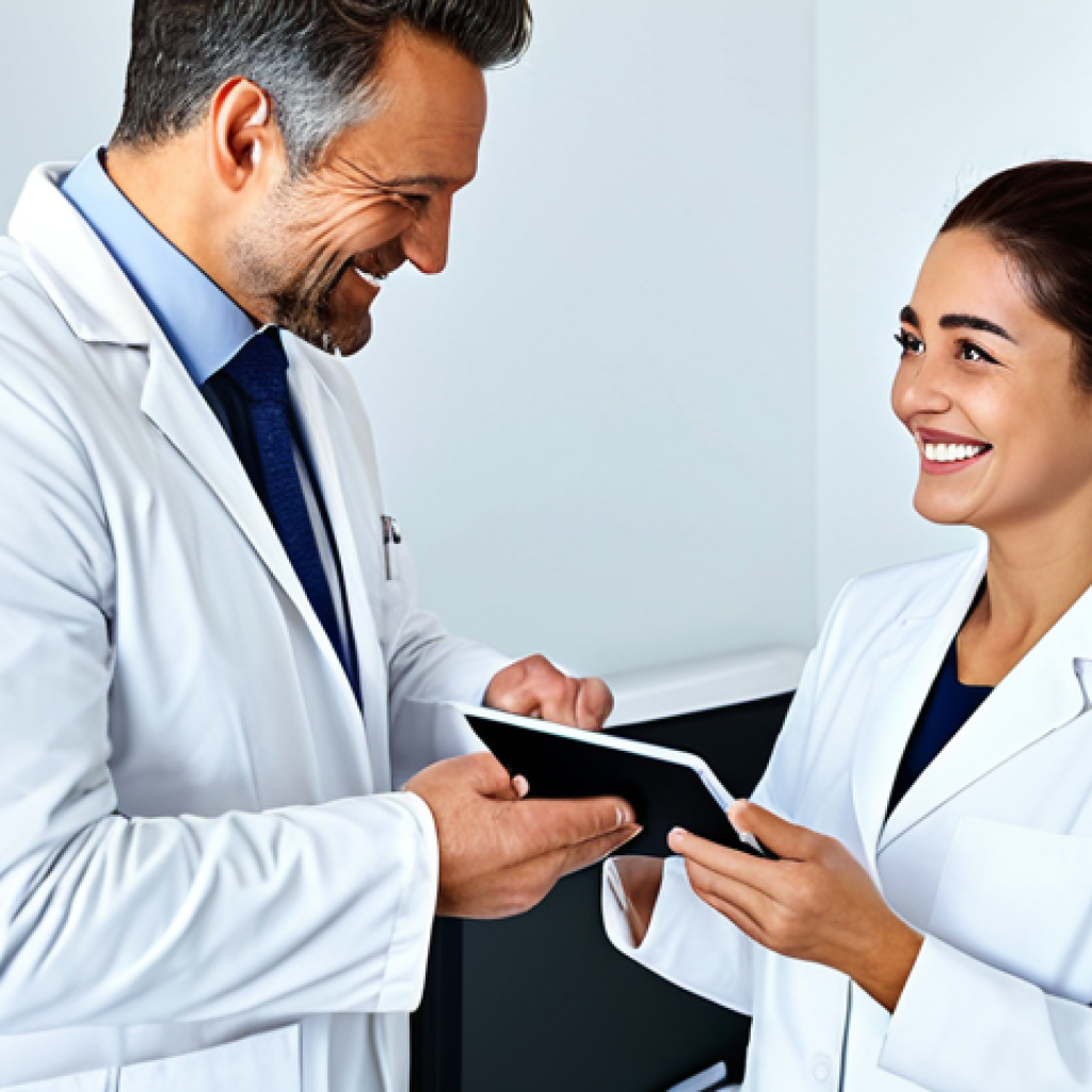 Plastic Surgery Consultation**

"A friendly, professional plastic surgeon in a clean white coat, consulting with a female patient in a modern office. The patient is dressed in modest, comfortable clothing. They are discussing 'before and after' photos on a tablet, both smiling. The office is bright and well-equipped. Safe for work, appropriate content, fully clothed, family-friendly, perfect anatomy, correct proportions, natural pose, well-formed hands."