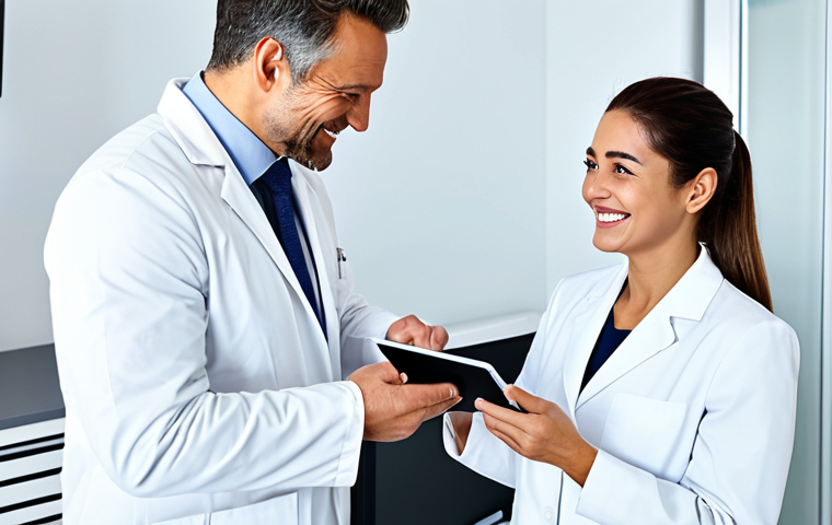 Plastic Surgery Consultation**
"A friendly, professional plastic surgeon in a clean white coat, consulting with a female patient in a modern office. The patient is dressed in modest, comfortable clothing. They are discussing 'before and after' photos on a tablet, both smiling. The office is bright and well-equipped. Safe for work, appropriate content, fully clothed, family-friendly, perfect anatomy, correct proportions, natural pose, well-formed hands."