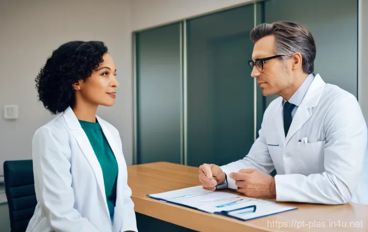 코 성형 결과 만족도 - **Prompt:** A diverse woman in her late 20s to early 40s sits comfortably in a well-lit, modern medi...