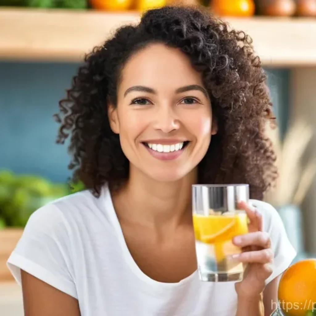 피부 탄력 개선 팁 - **Prompt:** A serene, natural portrait of a woman in her late 30s or early 40s, with a healthy, lumi...