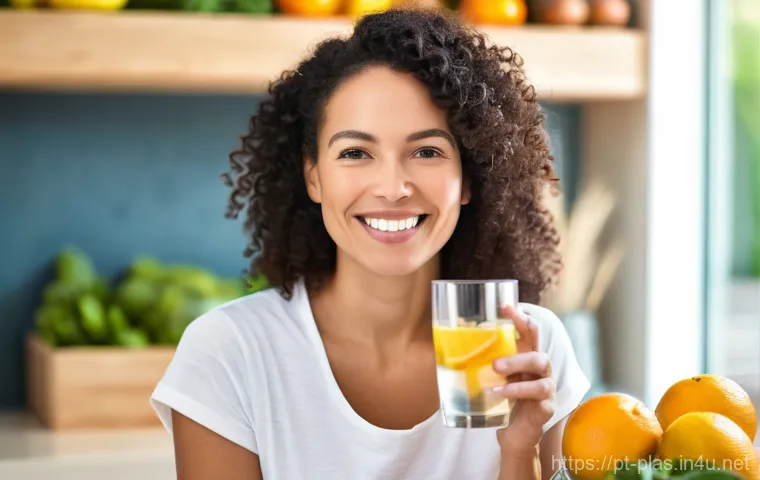 피부 탄력 개선 팁 - **Prompt:** A serene, natural portrait of a woman in her late 30s or early 40s, with a healthy, lumi...