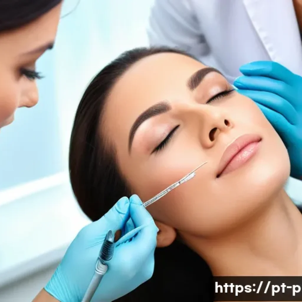 미니 안면윤곽 효과 - A sophisticated beauty clinic setting with a professional female aesthetician performing a mini faci...