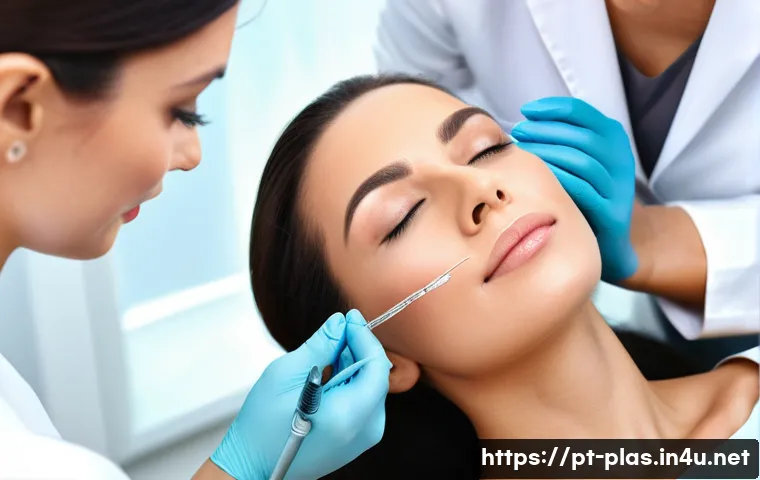 미니 안면윤곽 효과 - A sophisticated beauty clinic setting with a professional female aesthetician performing a mini faci...