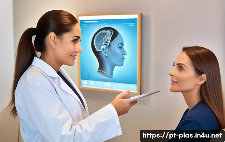안면 성형 시술 팁 - A modern and elegant medical consultation room with a confident Brazilian plastic surgeon discussing...