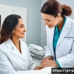 Home 22 성형외과와 피부과 비교 - A modern dermatology clinic scene featuring a professional female dermatologist in a white coat cons...