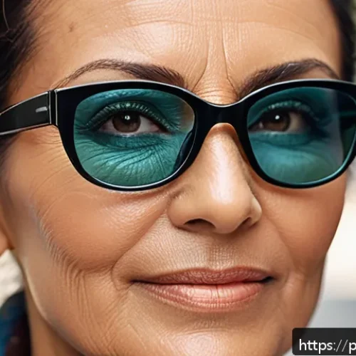 Home 33 눈 성형 유지기간 - A close-up portrait of a middle-aged Brazilian woman with smooth, rejuvenated eyelids post-blepharop...