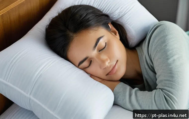 코 성형 후 관리법 - A serene bedroom scene showing a young adult woman resting with her head elevated on multiple pillow...