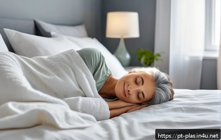 코 수술 후 붓기 관리 - A calm and cozy bedroom scene showing a middle-aged person resting in bed with their head elevated o...